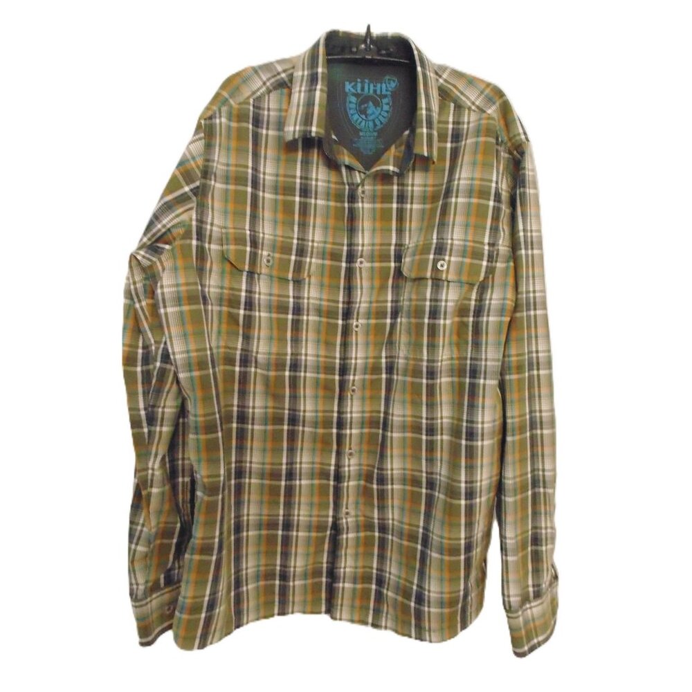 KUHL Eluxur Mens sz Med Green Black Plaid Hiking Mountain Grown L/ S Shirt